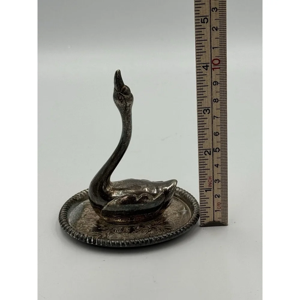 Vintage Silver Plate Ornate Swan Ring Holder Beaded Saucer Hong Kong 3.75